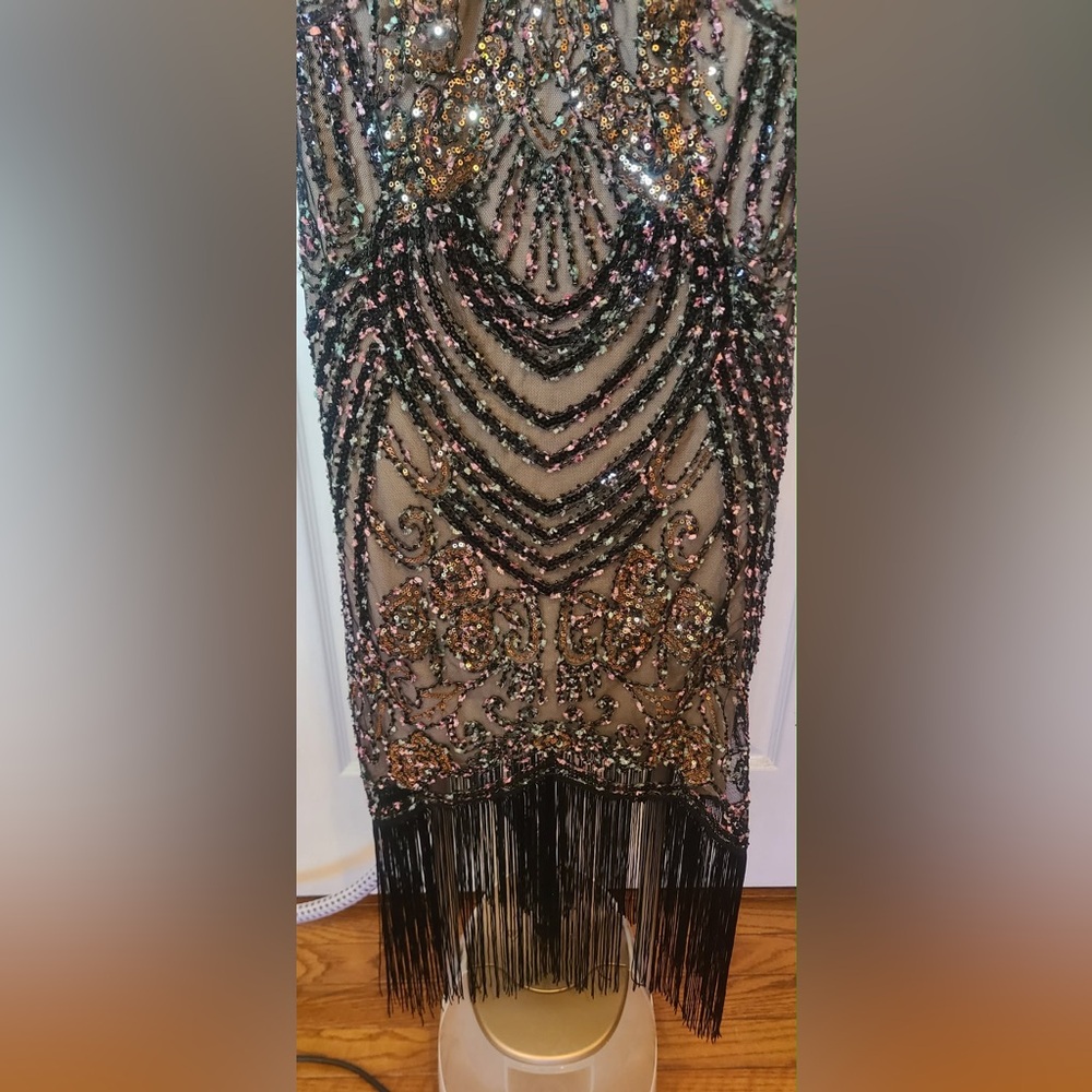 Embellished V-Neck Fringe Midi Dress in Black and Pink - Picture 5 of 16